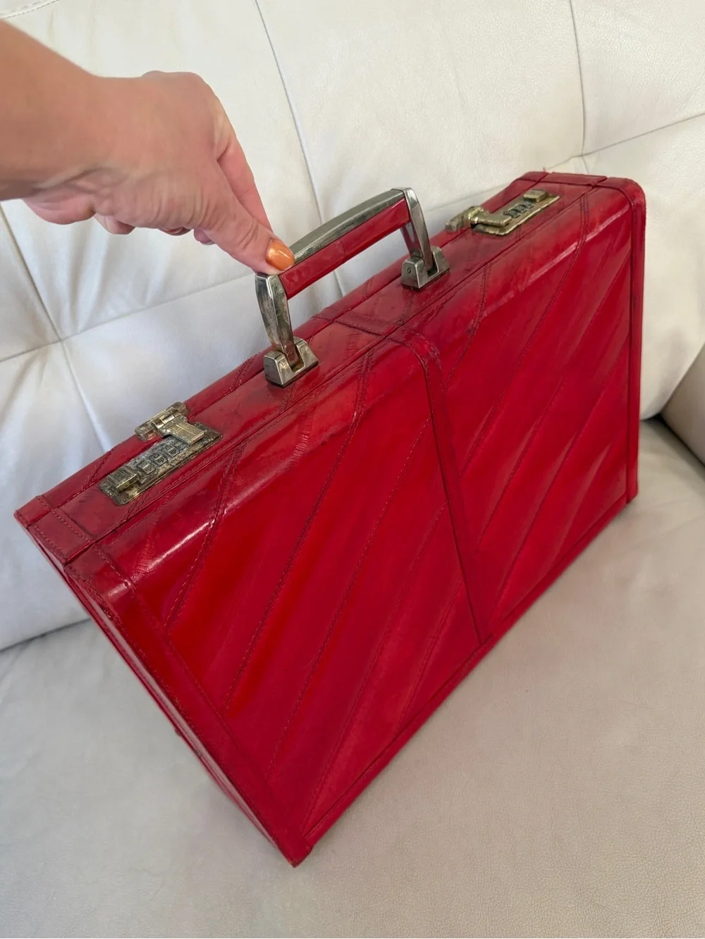 vintage red eel skin leather attaché briefcase features